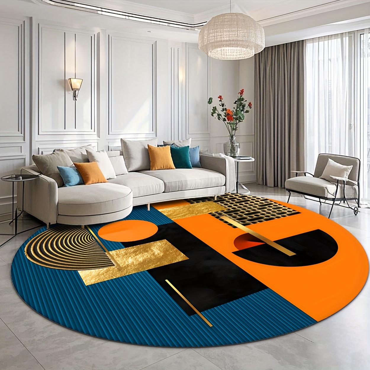 Interior Design High End - Tapete Redondo Luxuoso Abstrato Geométrico Laranja